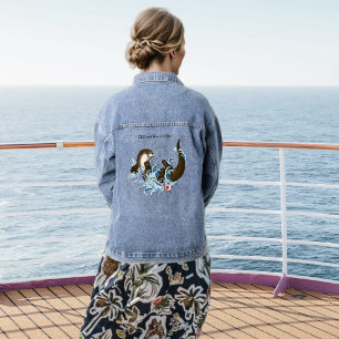 Playful Blue Whimsical River Otter Splash Cute Denim Jacket