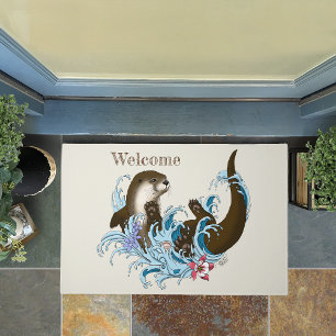 Playful Blue Whimsical River Otter Splash Cute Doormat