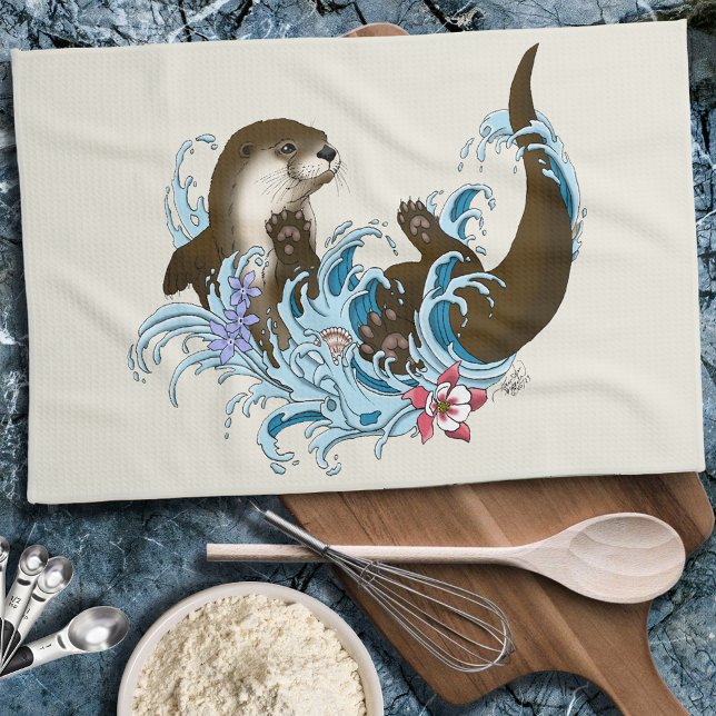 Playful Blue Whimsical River Otter Splash Cute Kitchen Towel (Creator Uploaded)