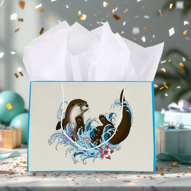 Playful Blue Whimsical River Otter Splash Cute Large Gift Bag (Creator Uploaded)