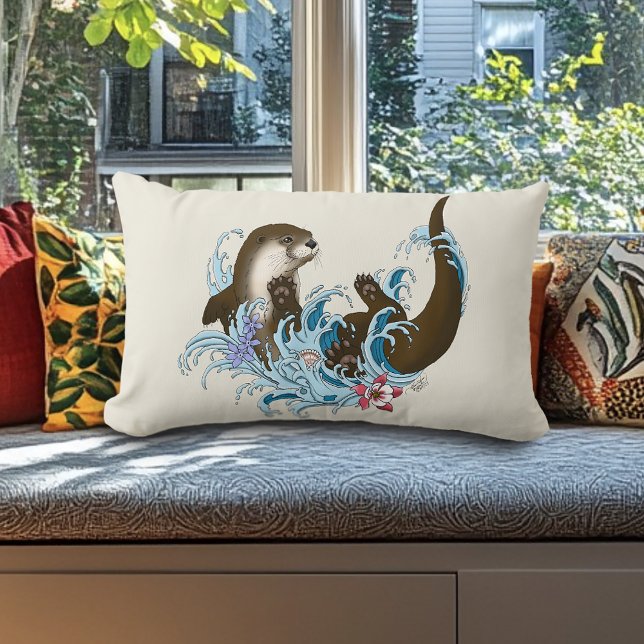 Playful Blue Whimsical River Otter Splash Cute Lumbar Pillow (Creator Uploaded)