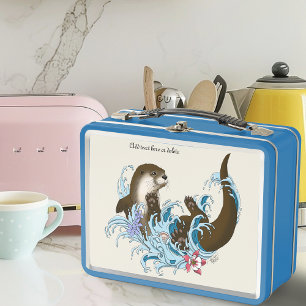 Playful Blue Whimsical River Otter Splash Cute Metal Lunch Box