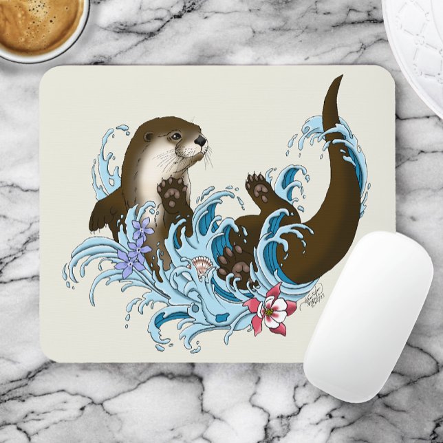 Playful Blue Whimsical River Otter Splash Cute Mouse Pad (Creator Uploaded)