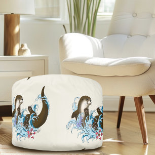 Playful Blue Whimsical River Otter Splash Cute Pouf