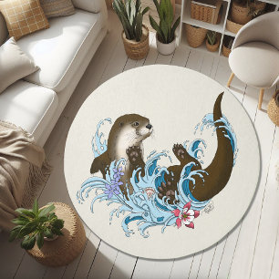Playful Blue Whimsical River Otter Splash Cute Rug