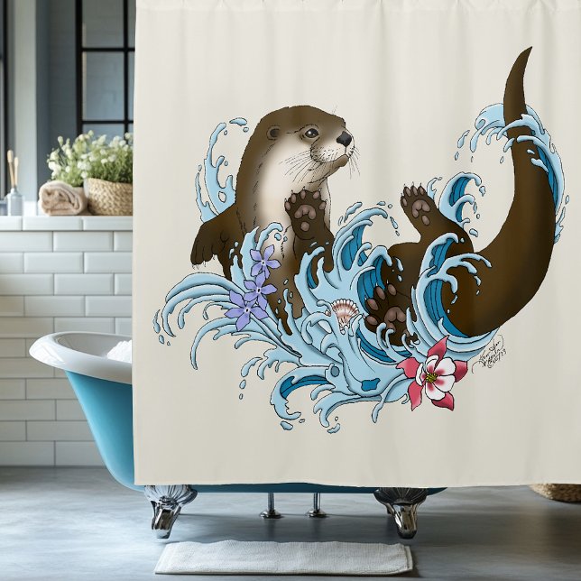 Playful Blue Whimsical River Otter Splash Cute Shower Curtain (Creator Uploaded)