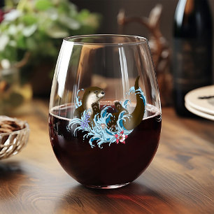 Playful Blue Whimsical River Otter Splash Cute Stemless Wine Glass