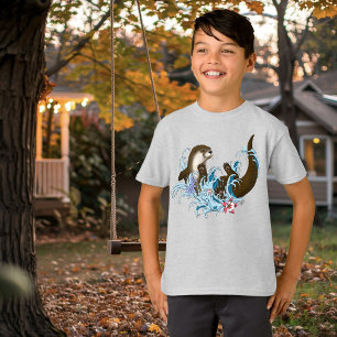 Playful Blue Whimsical River Otter Splash Cute T-Shirt