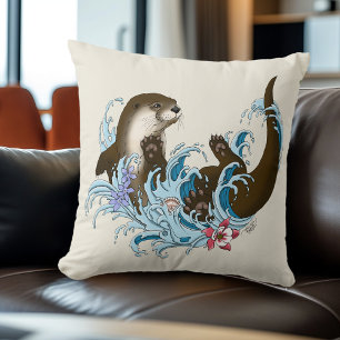 Playful Blue Whimsical River Otter Splash Cute Throw Pillow