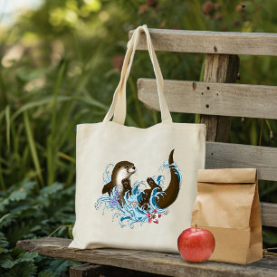 Playful Blue Whimsical River Otter Splash Cute Tote Bag