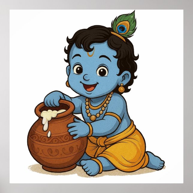 Playful Blue Yellow Infant Krishna Art Design Poster (Front)