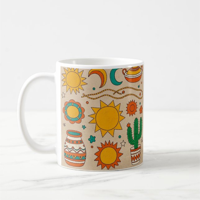 Playful Bohemian Patterns Hand-drawn suns, moons Coffee Mug (Left)