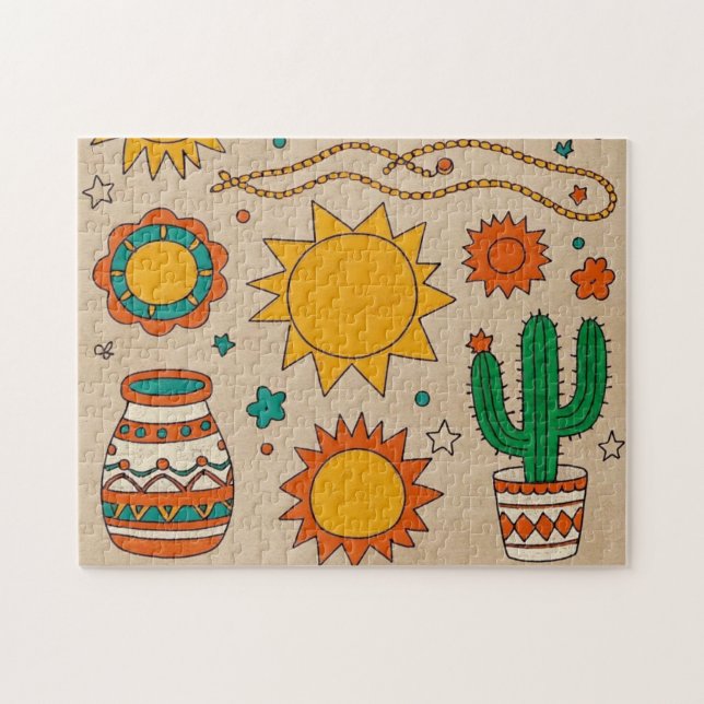 Playful Bohemian Patterns Hand-drawn suns, moons Jigsaw Puzzle (Horizontal)
