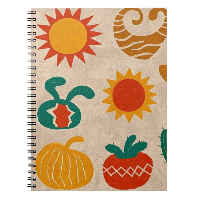 Playful Bohemian Patterns Hand-drawn suns, moons Notebook (Front)