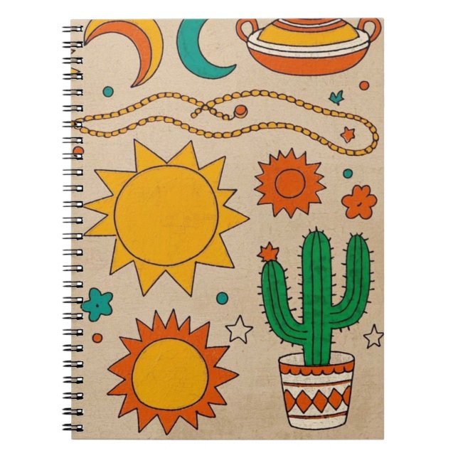 Playful Bohemian Patterns Hand-drawn suns, moons Notebook (Front)