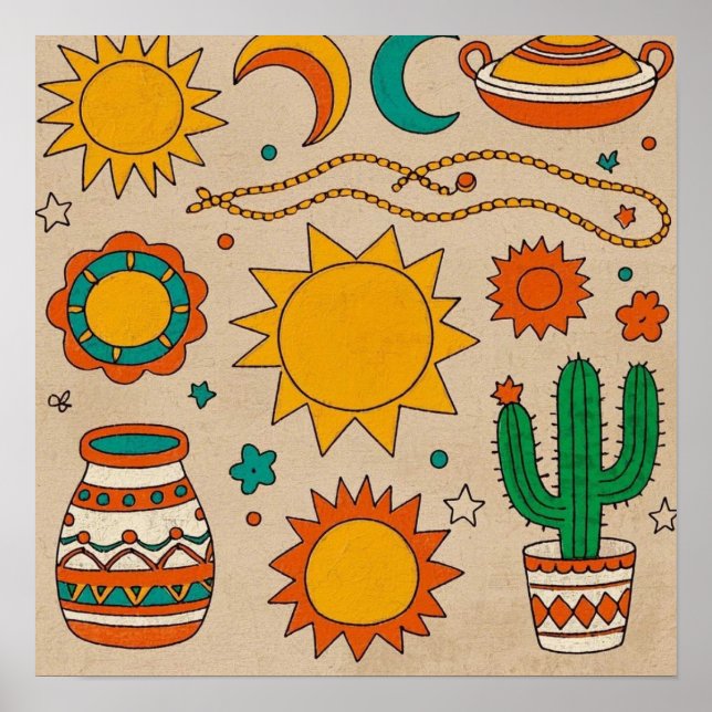 Playful Bohemian Patterns Hand-drawn suns, moons Poster (Front)