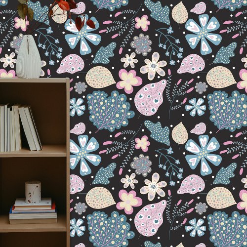 Playful Boho Folk Art Pastel Florals and Leaves Wallpaper