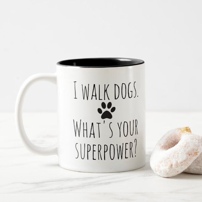Playful Bold Black Typography Dog Walkers Modern Two-Tone Coffee Mug (With Donut)