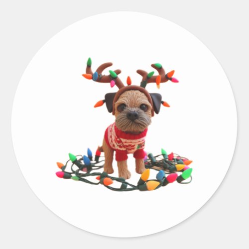 Playful Border Terrier helping with the Christmas  Classic Round Sticker
