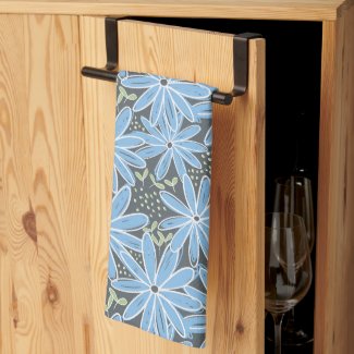 Playful Botanical Blue Flowers with Sprouts Gray Kitchen Towel