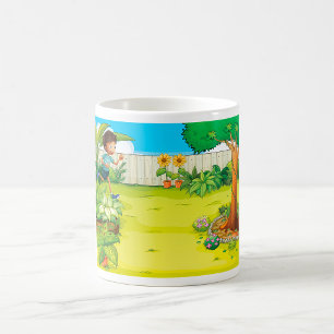 Playful Boy Running in a Lush Green Backyard Coffee Mug