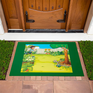 Playful Boy Running in a Lush Green Backyard Doormat