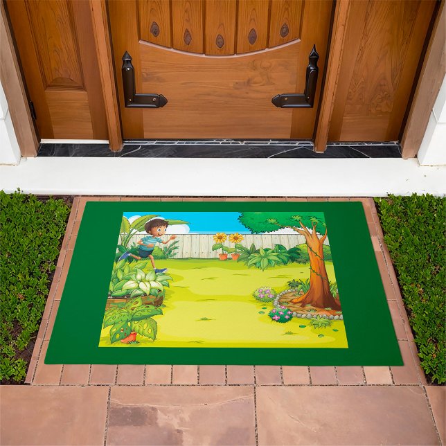 Playful Boy Running in a Lush Green Backyard  Doormat (Creator Uploaded)