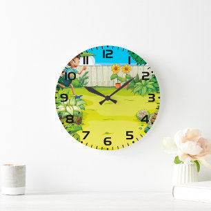 Playful Boy Running in a Lush Green Backyard Large Clock