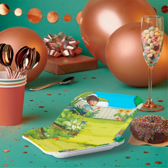 Playful Boy Running in a Lush Green Backyard  Paper Plates (Creator Uploaded)