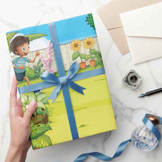 Playful Boy Running in a Lush Green Backyard  Wrapping Paper (Creator Uploaded)