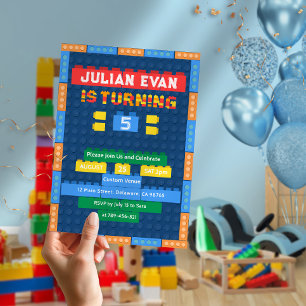 Playful Bricks Building Blocks Boy's Blue Birthday Invitation