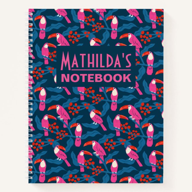 Playful bright pink toucans notebook (Front)