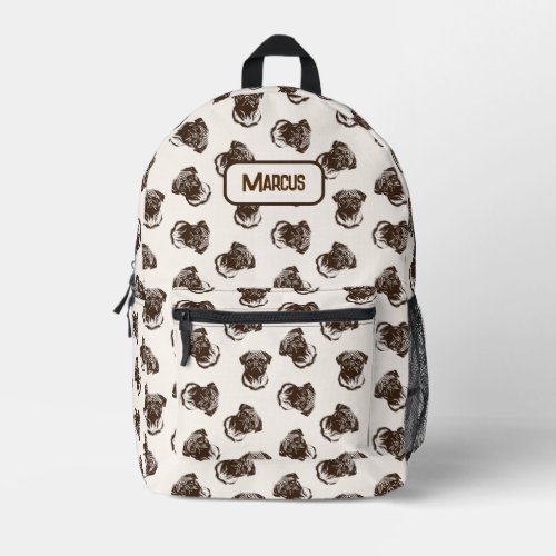 Playful brown and cream pug dog with name printed backpack