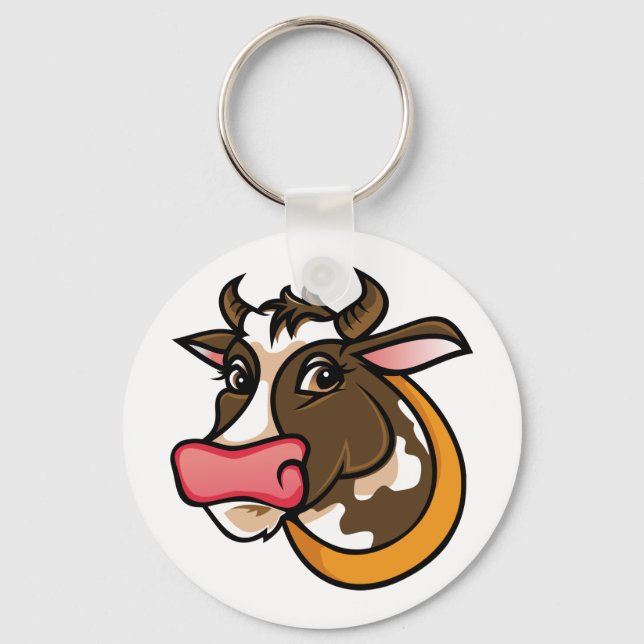 Playful Brown Cow Head with Pink Nose Keychain (Front)