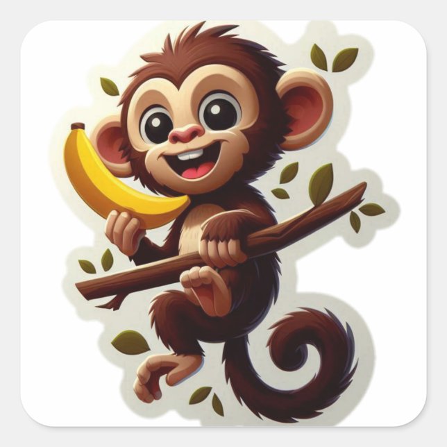 Playful Brown Monkey Cartoon Square Sticker (Front)