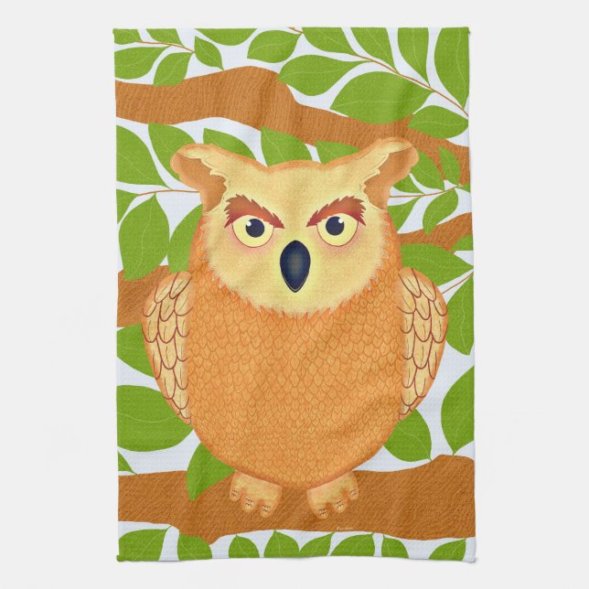 Playful Brown Owl Bird Woodland Illustration Kitchen Towel (Vertical)