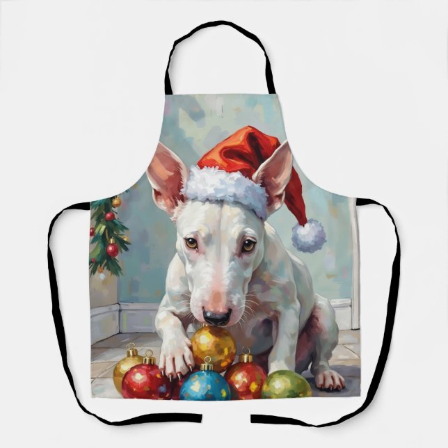 Playful Bull Terrier Dog Guarding Christmas Apron (Front)