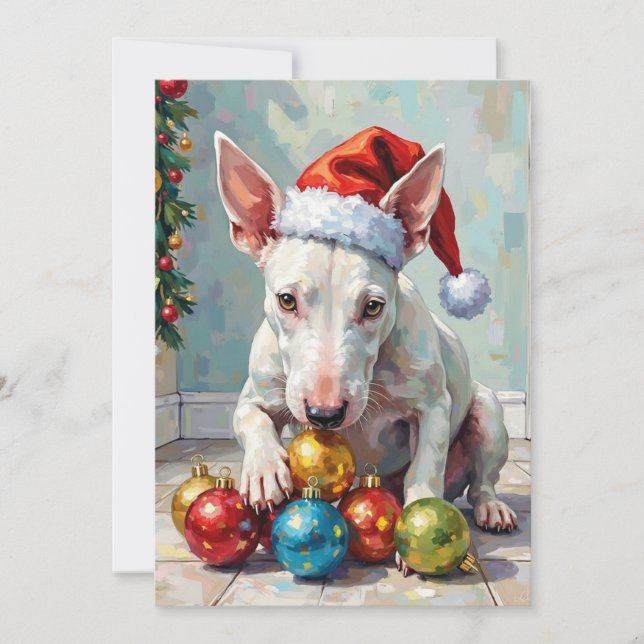 Playful Bull Terrier Dog Guarding Christmas Holiday Card (Front)