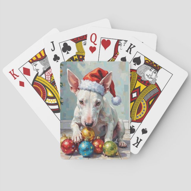 Playful Bull Terrier Dog Guarding Christmas Poker Cards (Back)