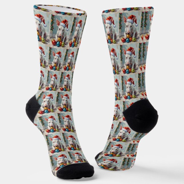 Playful Bull Terrier Dog Guarding Christmas Socks (Angled)