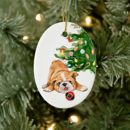Playful Bulldog Puppy Santa Bulb Christmas Ceramic Ornament