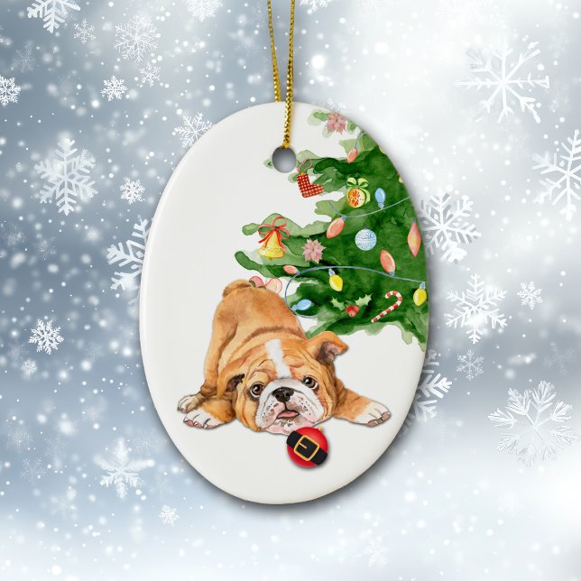 Playful Bulldog Puppy Santa Bulb Christmas Ceramic Ornament (Creator Uploaded)