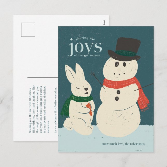Playful Bunny & Snowman Illustrated Holiday Card (Front/Back)