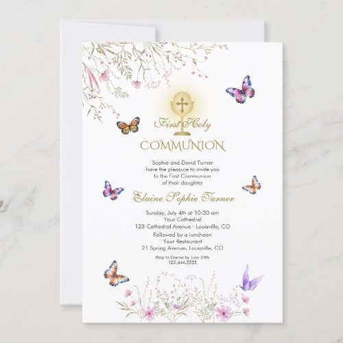 Playful Butterfly Wildflowers First Holy Communion Invitation