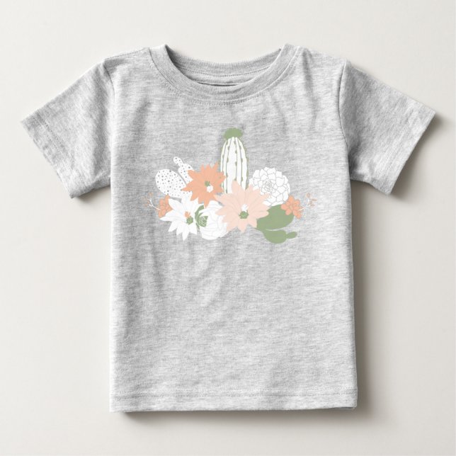 Playful Cacti Cactus Peach Green Floral Motifs Baby T-Shirt (Front)