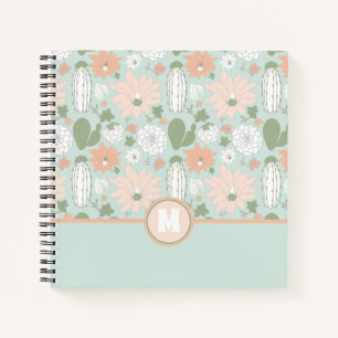 Playful Cacti Peach Green Floral Pattern Monogram Notebook