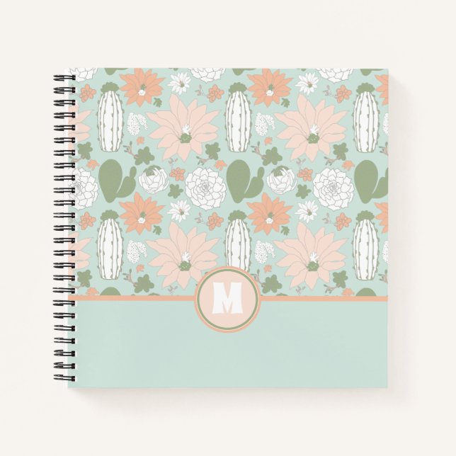 Playful Cacti Peach Green Floral Pattern Monogram Notebook (Front)