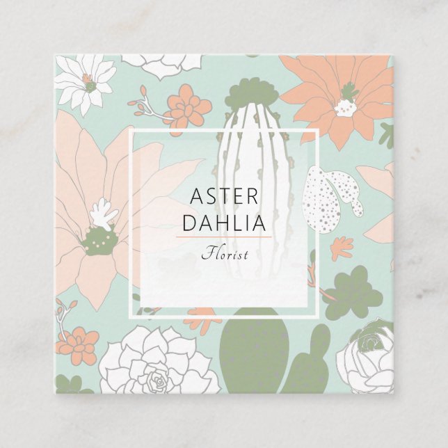 Playful Cacti Peach Green Floral Pattern Square Business Card (Front)