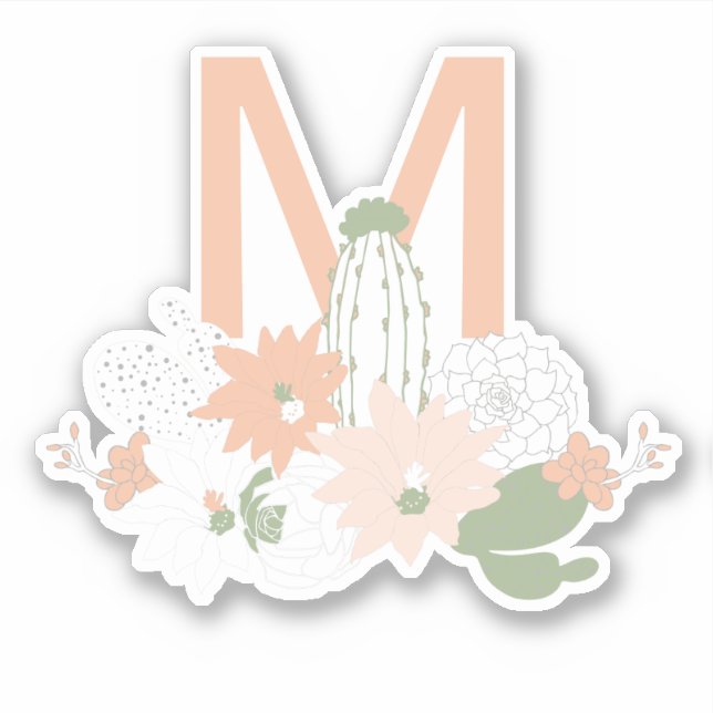 Playful Cacti Peach Green Floral Print Monogram Sticker (Front)
