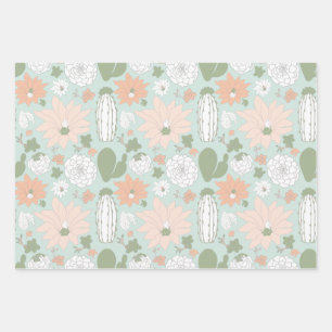 Playful Cacti Peach Green Floral Print Wrapping Paper Sheets